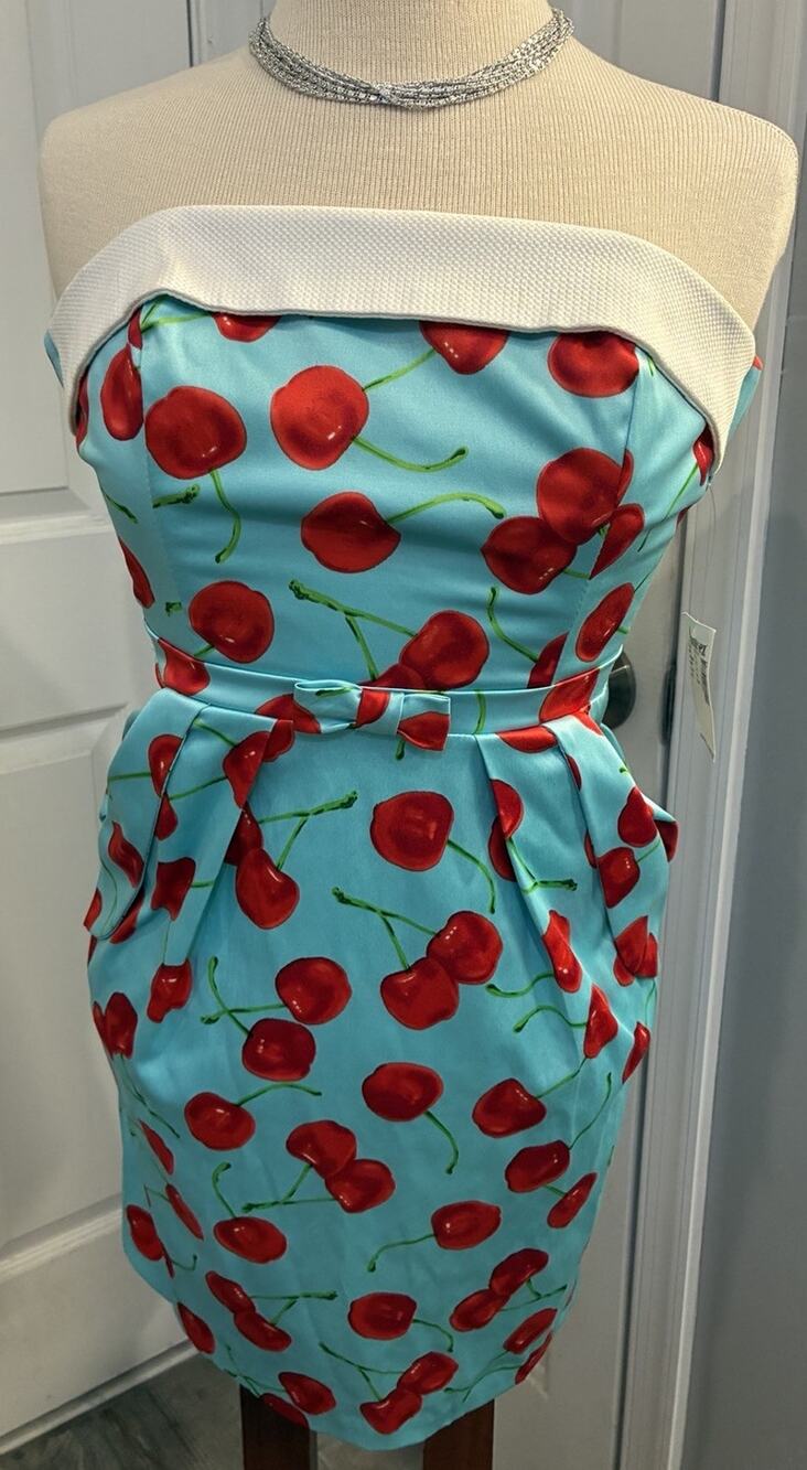 Deadstock Y2K Teeze Me Cherry Print Strapless Dress Pinup Rockabilly Juniors 3